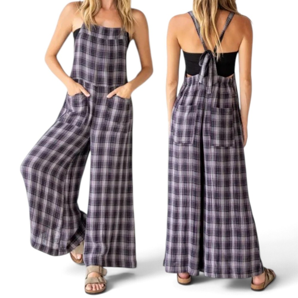 Natural Life Dakota Tie Overall Womens XL Plaid Cotton Gauze Lagenlook Overalls